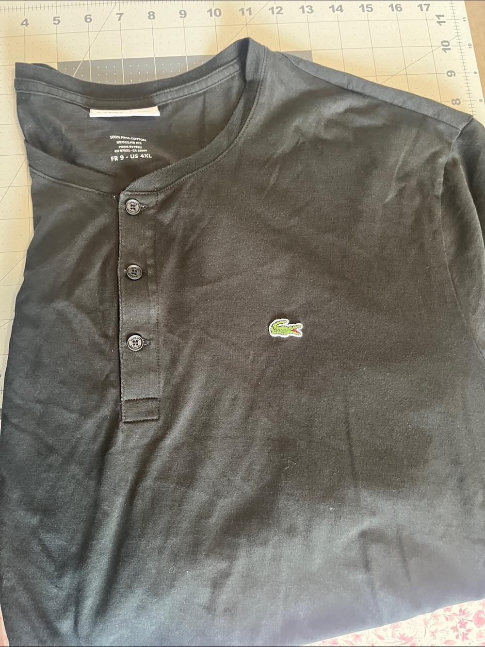 Lacoste Black Short-Sleeve Henley with Green Crocodile Logo